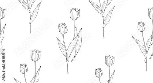 Elegant seamless pattern of hand drawn black and white tulip stems with leaves repeated on a plain white background.