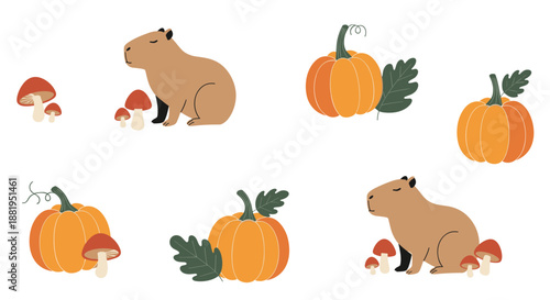 Autumnal illustration of capybaras among orange pumpkins, fall leaves, and red mushrooms on a white background.