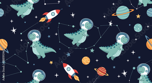 Imaginative seamless pattern of green astronaut dinosaurs floating among rockets, planets, stars, and constellations on dark blue.