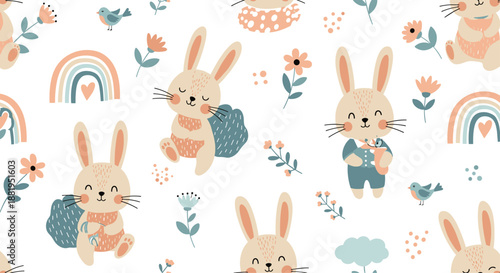 Joyful seamless pattern of happy bunnies with flowers, rainbows, and blue birds on a white background creating a lovely springtime atmosphere.