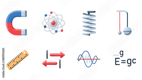 Collection of science and physics icons representing fundamental concepts and tools