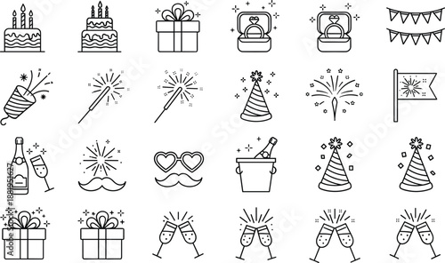 Party celebration outline vector icon set with birthday cakes gifts fireworks champagne and festive decorations