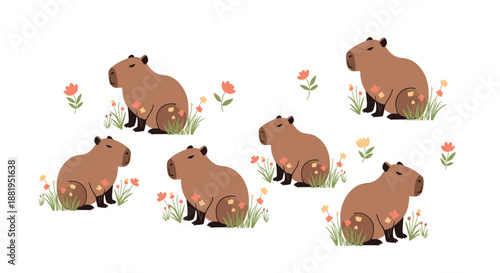 Group of brown capybaras sitting peacefully on green grass amongst small colorful wildflowers in a clean and minimal illustration style.