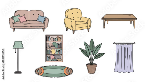 Cozy living room furniture and decor elements arranged in a charming illustration