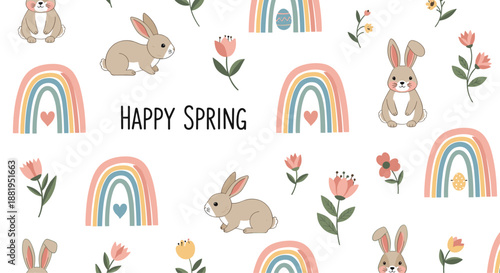 Springtime greeting design with the text happy spring surrounded by cute bunnies, rainbows with eggs, and colorful flowers in a soft palette.