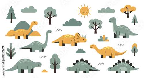 Cheerful illustration of diverse cartoon dinosaurs, trees, and clouds under a smiling sun creating a fun prehistoric scene for children.