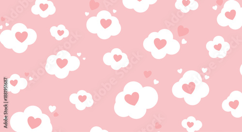 Cute and soft seamless pattern of white fluffy clouds containing pink hearts floating on a solid pink background for a sweet nursery theme.
