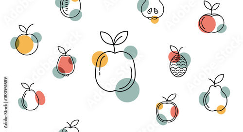 Creative seamless pattern of line art fruits like apples and pears with translucent colored circles in a modern and minimalist art style.