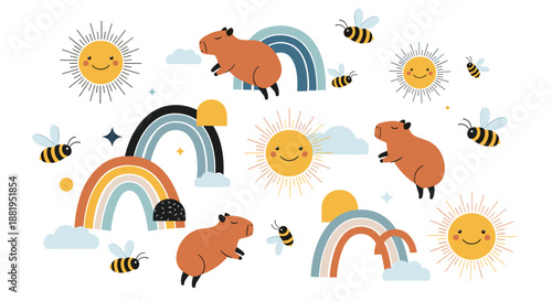 Playful collection of capybaras interacting with smiling bees, bright suns, and colorful rainbows in a whimsical cartoon style for children.