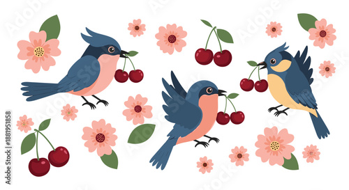 Lovely collection of colorful birds carrying bunches of cherries in their beaks surrounded by pink flowers and green leaves for spring designs.