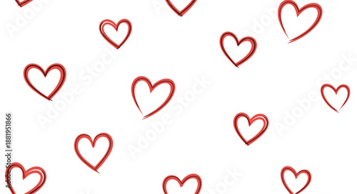 Romantic seamless pattern of hand drawn red heart outlines with a slightly sketchy and artistic feel on a clean white background for wedding.