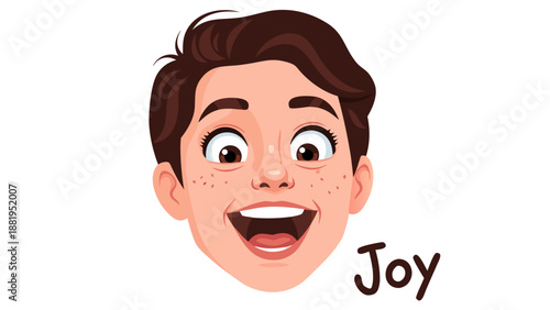 Cartoon face expressing extreme joy with freckles and wide open mouth