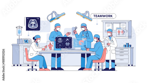 Medical team collaborating on patient diagnosis using advanced technology and scans