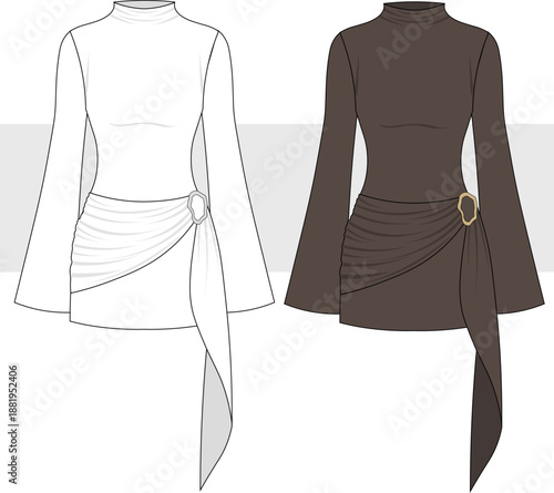 Women's bell sleeve mini dress with gathered waist detail fashion technical drawing, illustration. Party Night Dress vector. CAD, Mockup.