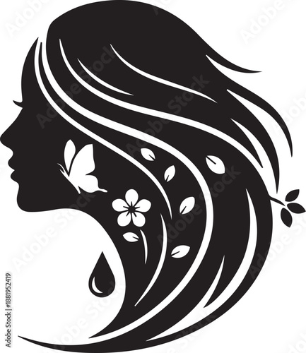 Floral woman silhouette vector in black and white with flowing hair, butterfly, leaves, and teardrop accent