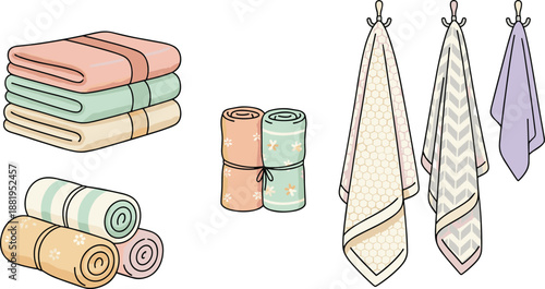 Towel and Fabric Illustration Set Featuring Folded Towels, Rolled Towels, Hanging Bath Towels, Soft Textures, Pastel Patterns, and Home Linen Elements