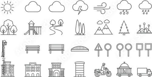 Thin Line City and Nature Icons Vector Set Featuring Weather Buildings Roads Transport and Urban Elements