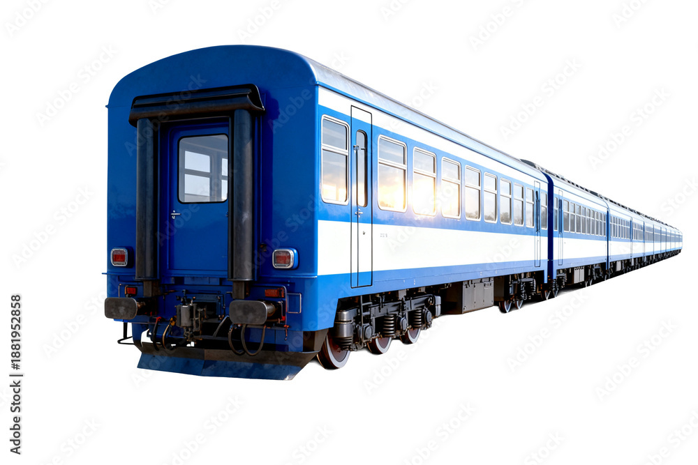 Obraz premium Blue and White Passenger Train on White Background