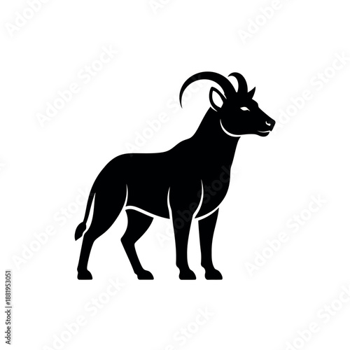 Black silhouette of a goat with horns standing sideways.