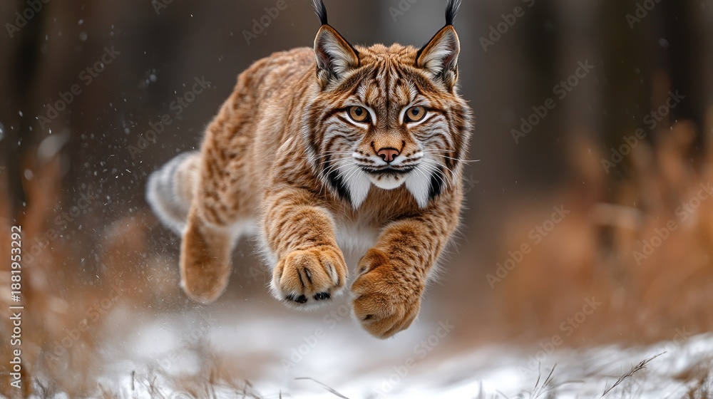 Obraz premium Wildcat leaps through winter forest