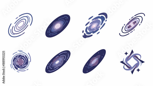 Collection of stylized spiral and elliptical galaxies with cosmic elements