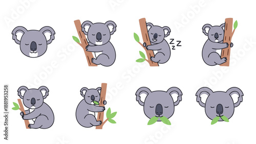 Cute cartoon koalas in various poses, sleeping and eating eucalyptus leaves