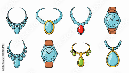 Collection of cartoon necklaces and wristwatches with colorful gemstones and metallic accents