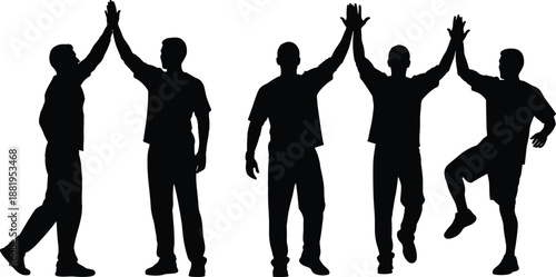 Group of men silhouettes giving high five, celebrating success, teamwork and friendship, happy moments and achievement concept isolated on white