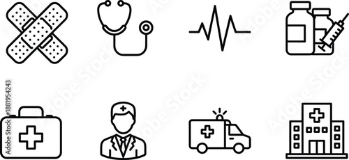 Medical and Healthcare Icon Set with First Aid, Doctor, Hospital, Ambulance, Heartbeat and Medicine Symbols Minimal Line Vector Illustration