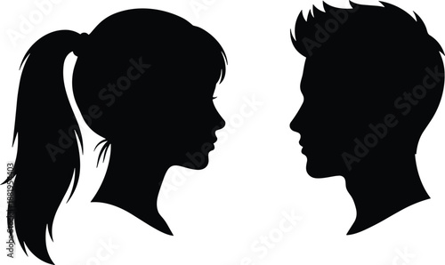 Male and Female Face Silhouette Profile Illustration, Human Relationship and Communication Concept Artwork for Psychology, Social Media, Dating, Identity, and Design Projects