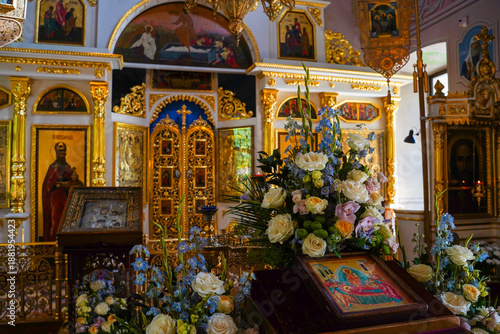 Golden altar at the historical Church of the Holy Trinity on Sparrow Hills in Moscow, Russia. The interior of the church features a gilded iconostasis, Russian orthodox