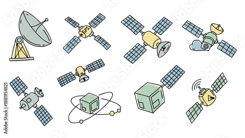 Collection of hand-drawn satellite icons and illustrations for space technology themes