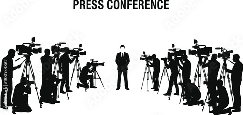 Press Conference Silhouette Illustration with Businessman and Journalists, Media Coverage, News Reporting, Public Relations, Politics, and Corporate Communication Concept Design