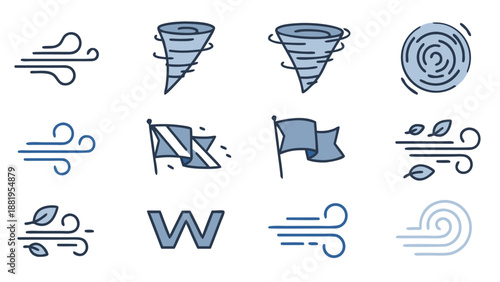 Collection of weather icons representing wind, tornadoes, and flags blowing