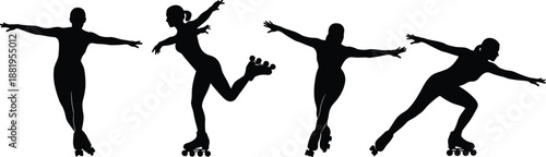 Roller skating female silhouettes performing dynamic poses, graceful movement, balance and sport activity, fitness, freedom and active lifestyle concept isolated on white