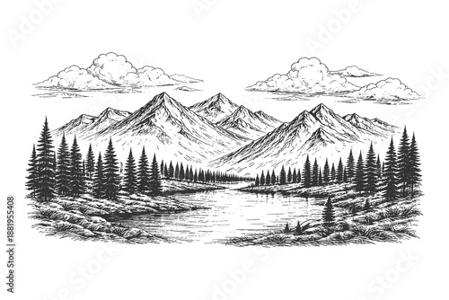 Majestic mountain range with pine forest and calm lake landscape, vintage hand-drawn line art engraving style vector illustration for outdoor adventure.