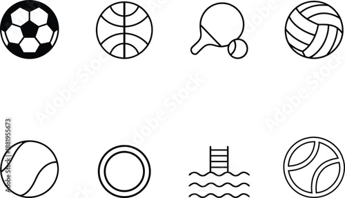 Collection of sports balls and equipment including soccer basketball tennis volleyball ping pong and a swimming pool icon