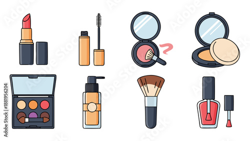 Collection of colorful flat design makeup and beauty products on a white background