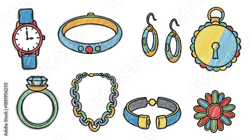 Collection of colorful hand-drawn jewelry and accessories on a white background