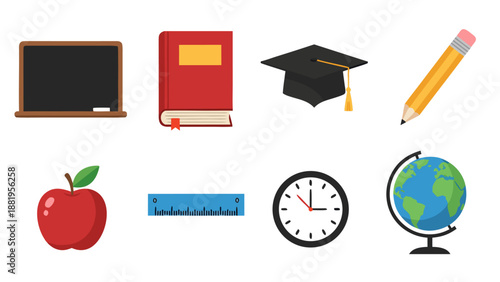 Collection of school supplies and educational icons on a white background