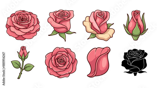 Collection of pink roses in various stages of bloom and a silhouette