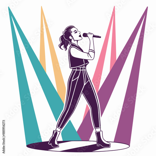 Female Singer Performing Live on Stage with Microphone, Vibrant Colorful Music Concert Vector