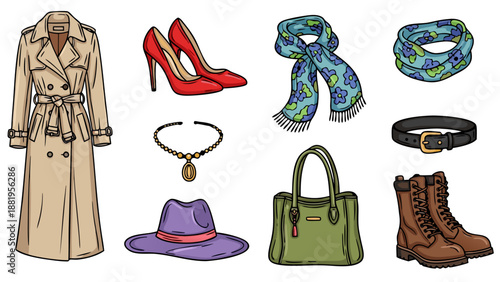 Collection of stylish women's fashion accessories and clothing items arranged neatly