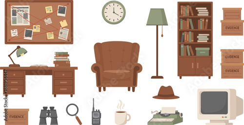 Vintage Detective Office Scene with Desk, Evidence Board, Chair, Bookshelf, Lamp, Files, Magnifying Glass, Typewriter and Retro Computer