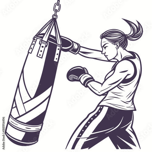 Powerful Female Boxer Training with a Punching Bag, Sports and Fitness Motivation Vector Scene