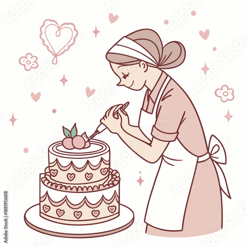 Professional female baker decorating a multi-layered cake with frosting in a bakery, sweet pastel vector illustration.