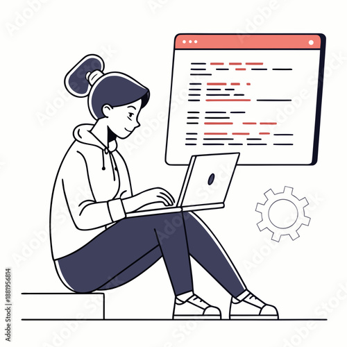 Female coder debugging software on multiple screens, digital technology and programming vector illustration.