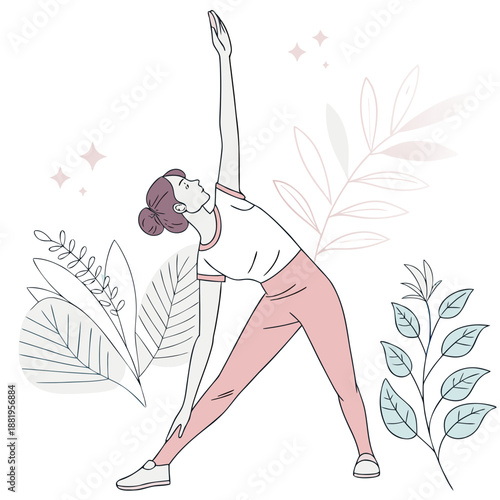 Woman practicing a morning stretching pose for wellness and health, pastel colored fitness vector illustration.