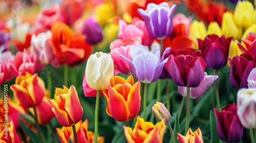 A vibrant display of tulips in various colors including red, yellow, purple, and white. The flowers bloom in a lush green garden setting.