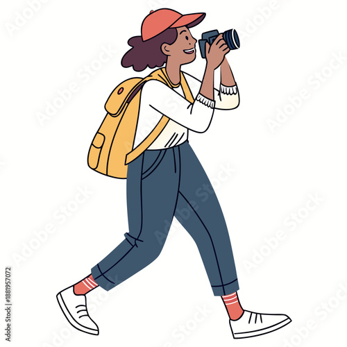 Female Tourist Taking Photos with Camera while Traveling, Sightseeing and Vacation Vector Illustration